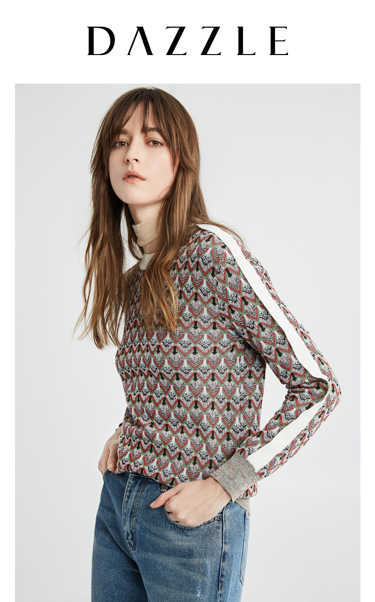 dazzle/地素 20春装休闲罗纹圆领棉质长袖女士针织衫/毛衣 针织 毛衣