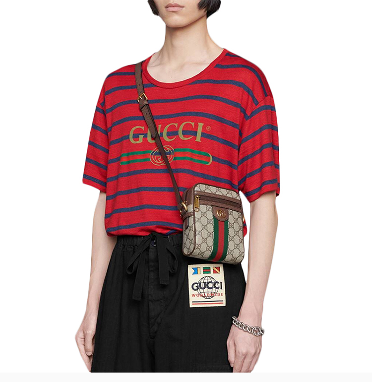 gucci/古驰【20春夏】女装 服饰 红色圆领条纹字母印花半袖 女士短袖