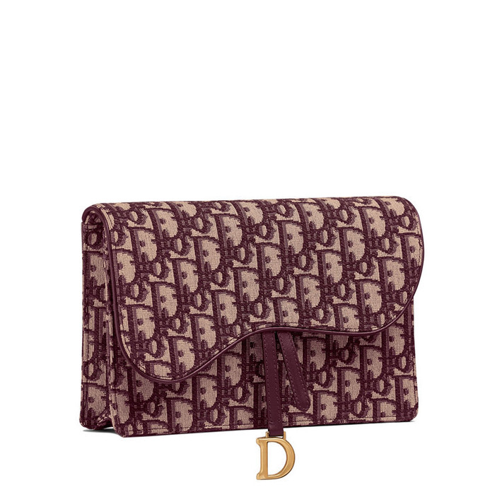 【包邮包税】dior/迪奥 saddle女士酒红色刺绣帆布链条单肩斜跨信封包