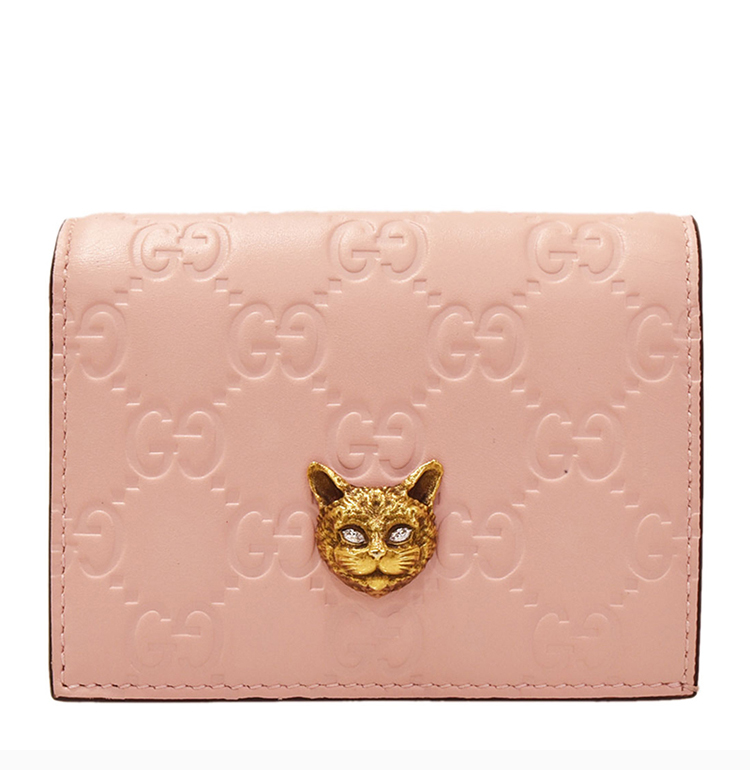 gucci/古驰 20春夏 女士皮质猫头装饰gg压花时尚卡包折叠短款钱包