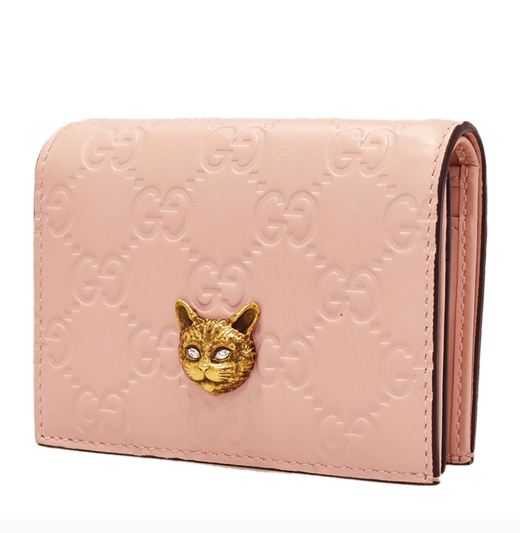 gucci/古驰 20春夏 女士皮质猫头装饰gg压花时尚卡包折叠短款钱包