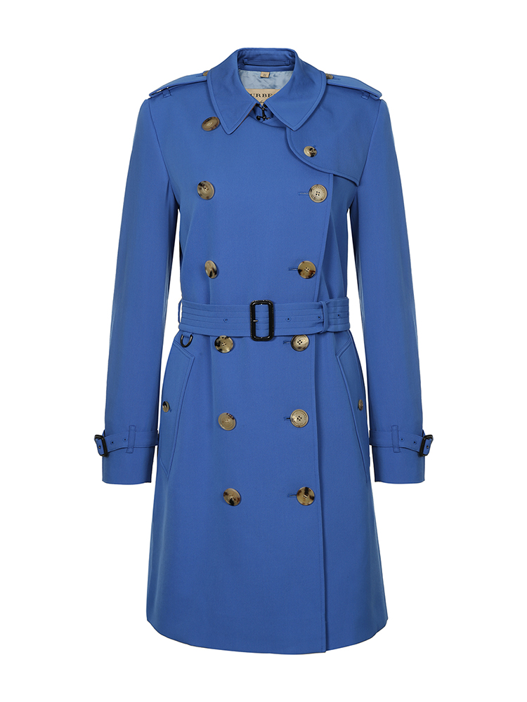 burberry/博柏利 蓝色羊毛翻领双排扣长款女士羊毛大衣(附腰带)女装