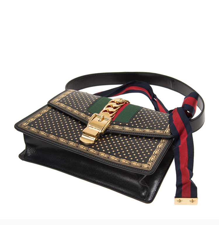 gucci/古驰 20春夏 sylvia系列 女士黑色牛皮手提袋单肩斜跨手提包