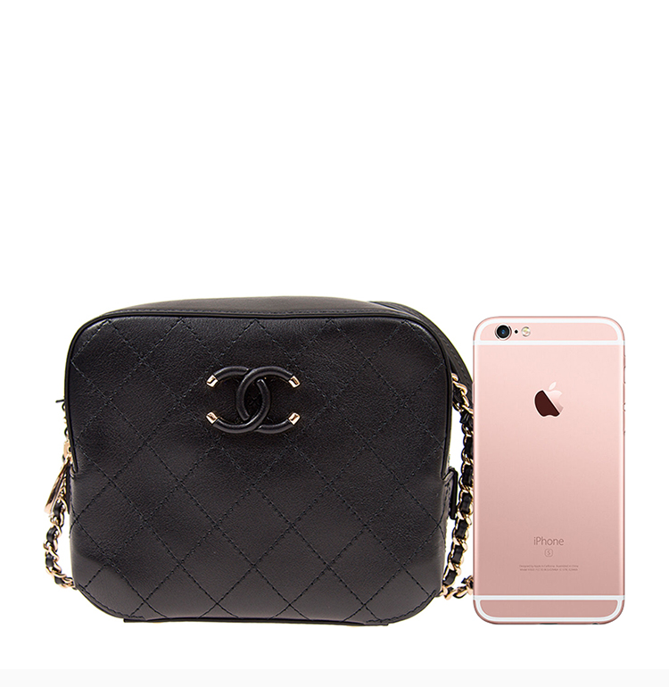 chanel 香奈儿 女士黑色牛皮logo标菱形格纹相机包链条包单肩斜挎包