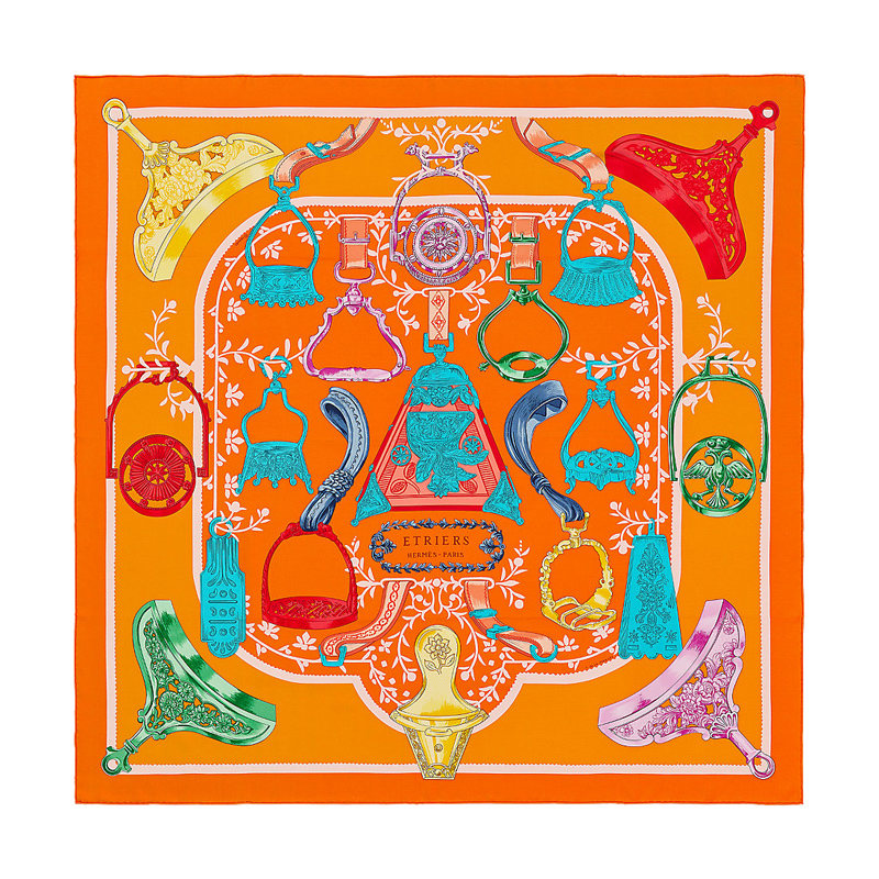 礼物】hermes/爱马仕 方形 真丝丝巾 马镫混搭 拼色 90cm【正品 价格