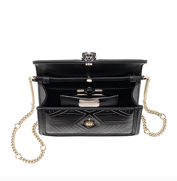 bvlgari/宝格丽 20春夏 女士黑色小牛皮蛇头扣翻盖时尚单肩包斜挎包