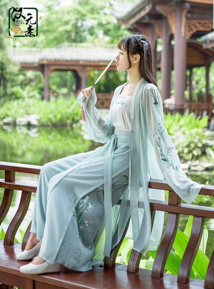 汉元素/汉元素长褙子对襟汉服女装改良古装日常刺绣宋裤新款套装女