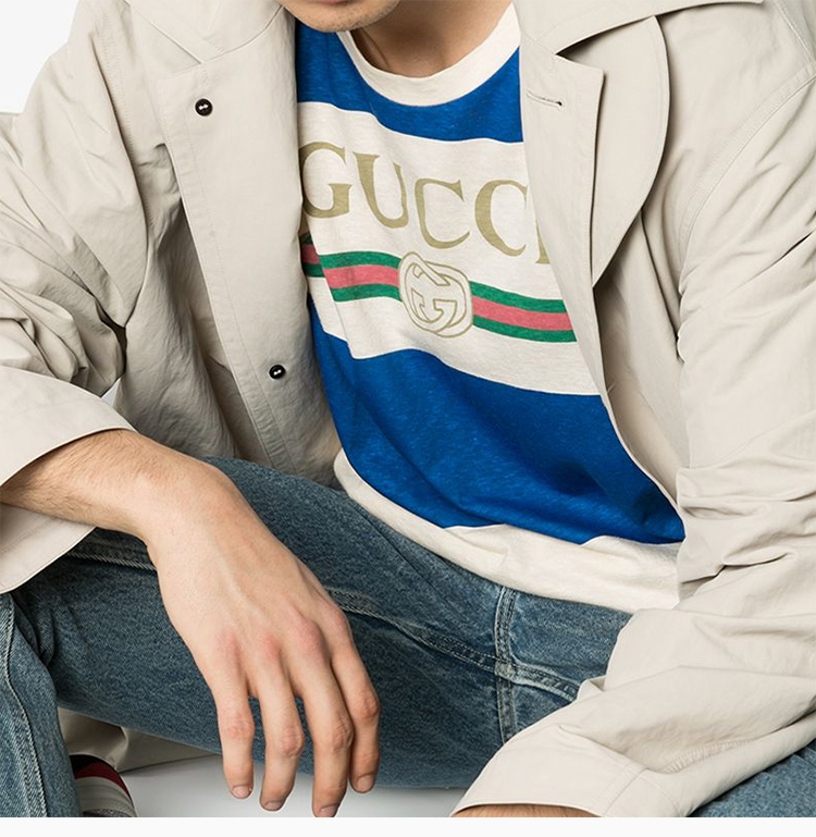 gucci/古驰 20春夏 男装 服装 蓝白条纹棉质logo印花圆领 男士短袖t恤