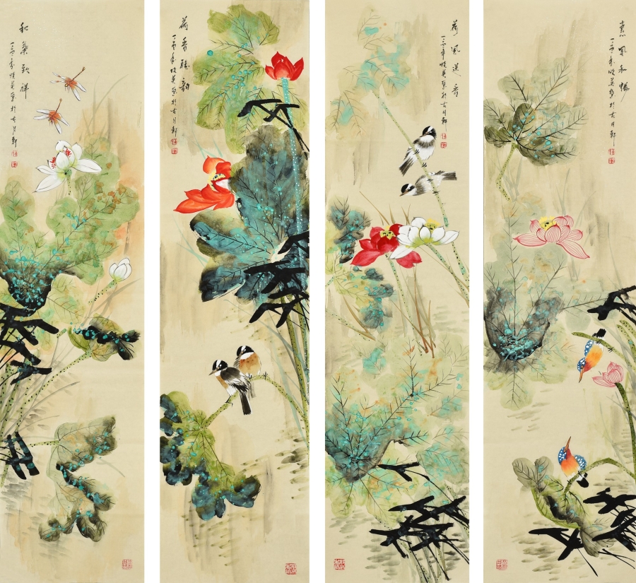 秒杀-订制 姜晓英《荷花四条屏》/33x132cm x4件/传统水墨