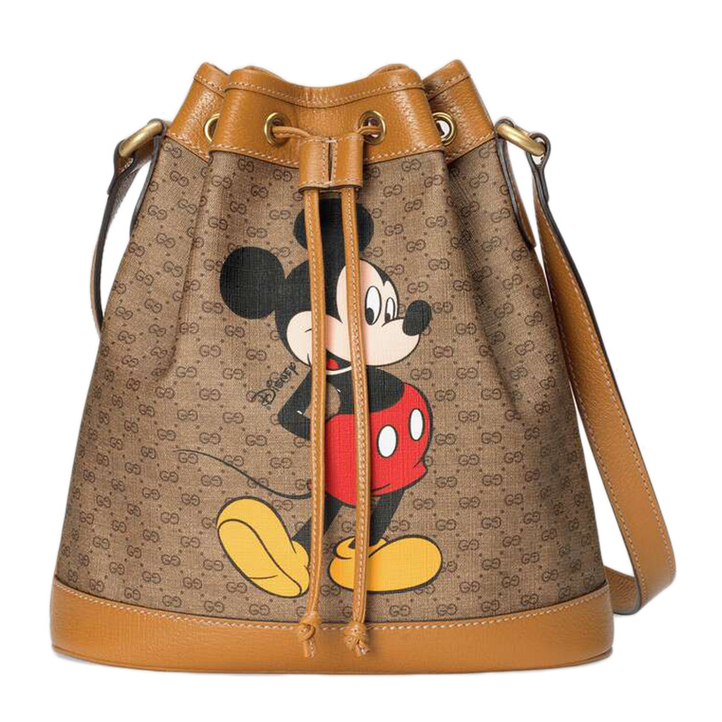 古驰 20秋冬 disney x gucci联名款 女士棕色帆布迪士尼米奇小号水桶
