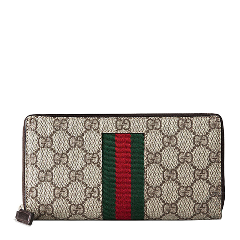 gucci/古驰 男士长款拉链钱包 帆布经典的老花材质配绿红绿织带