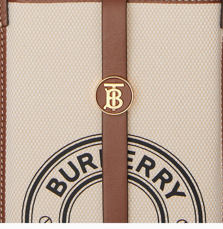 burberry/博柏利 女士白棕拼色帆布配皮圆形字母徽标图案斜挎包单肩包
