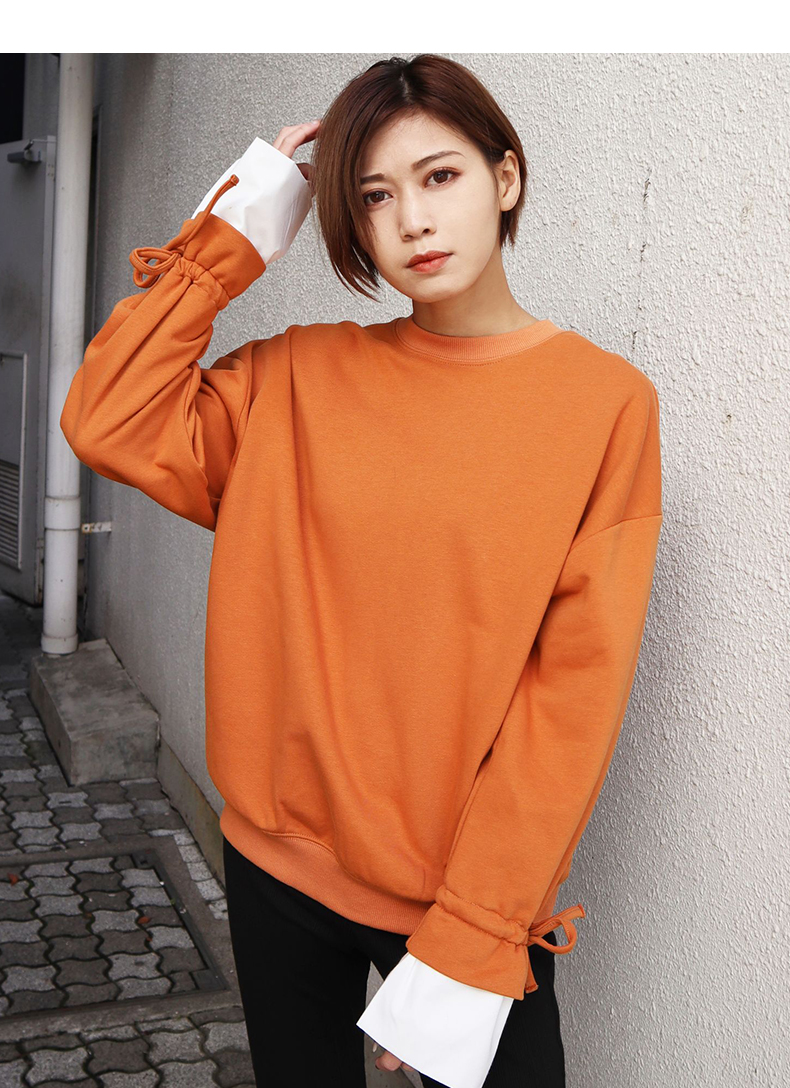 emoda/emoda 女卫衣潮ins新款日系宽松韩版薄款拼接短款圆领系带