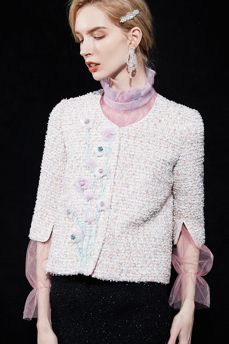 20春夏 林顿花呢唤醒春天重工粗花呢外套7分袖春夏薄款 女士夹克