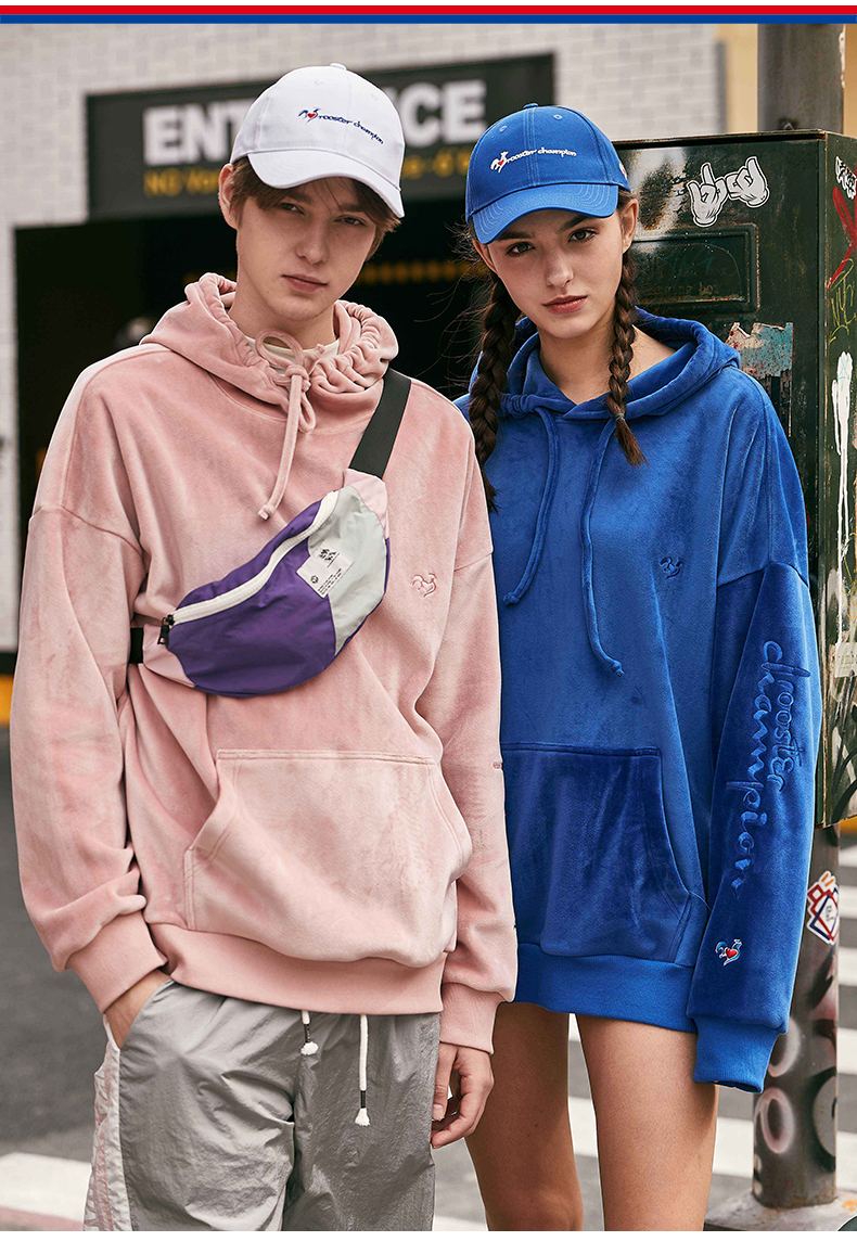 rooster champion法国公鸡冠军卫衣男粉色连帽宽松双面绒情侣外套w