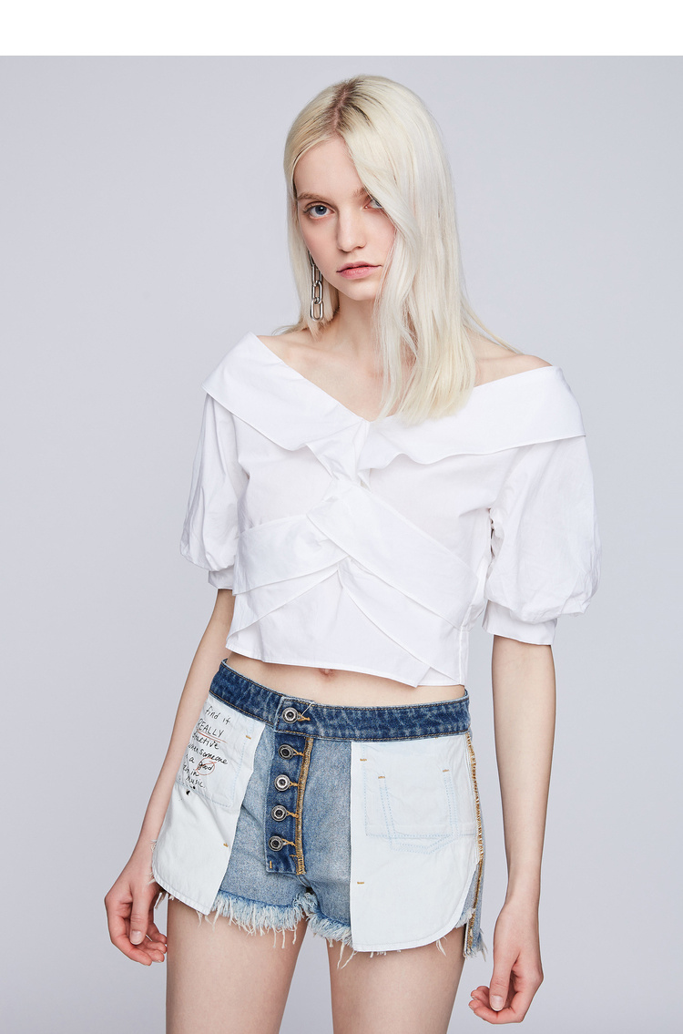 dzzit/dzzit地素19夏装一字领露肩灯笼袖气质女士短袖衬衫3g2d401