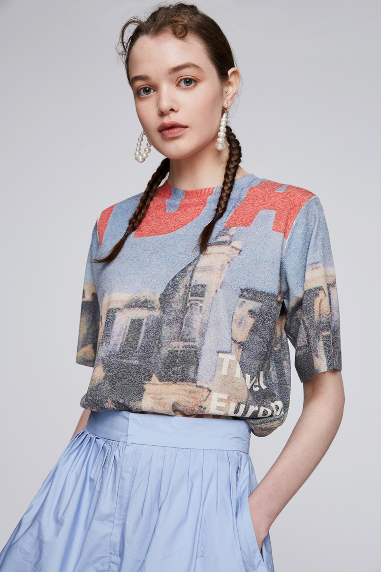 dzzit/dzzit地素19夏装建筑图案字母短款针织休闲女士t恤t恤3g2e