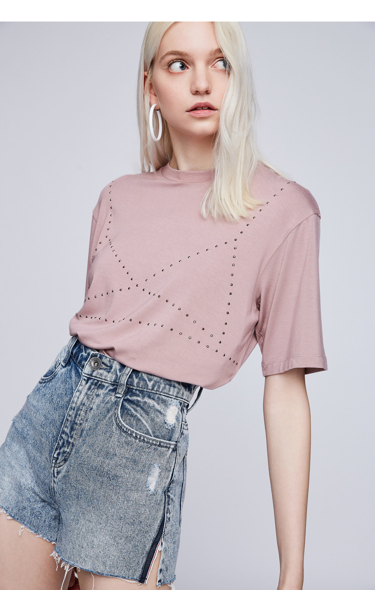 dzzit/dzzit地素19夏装粉色烫钻宽松潮流休闲短袖女士t恤3g2b322