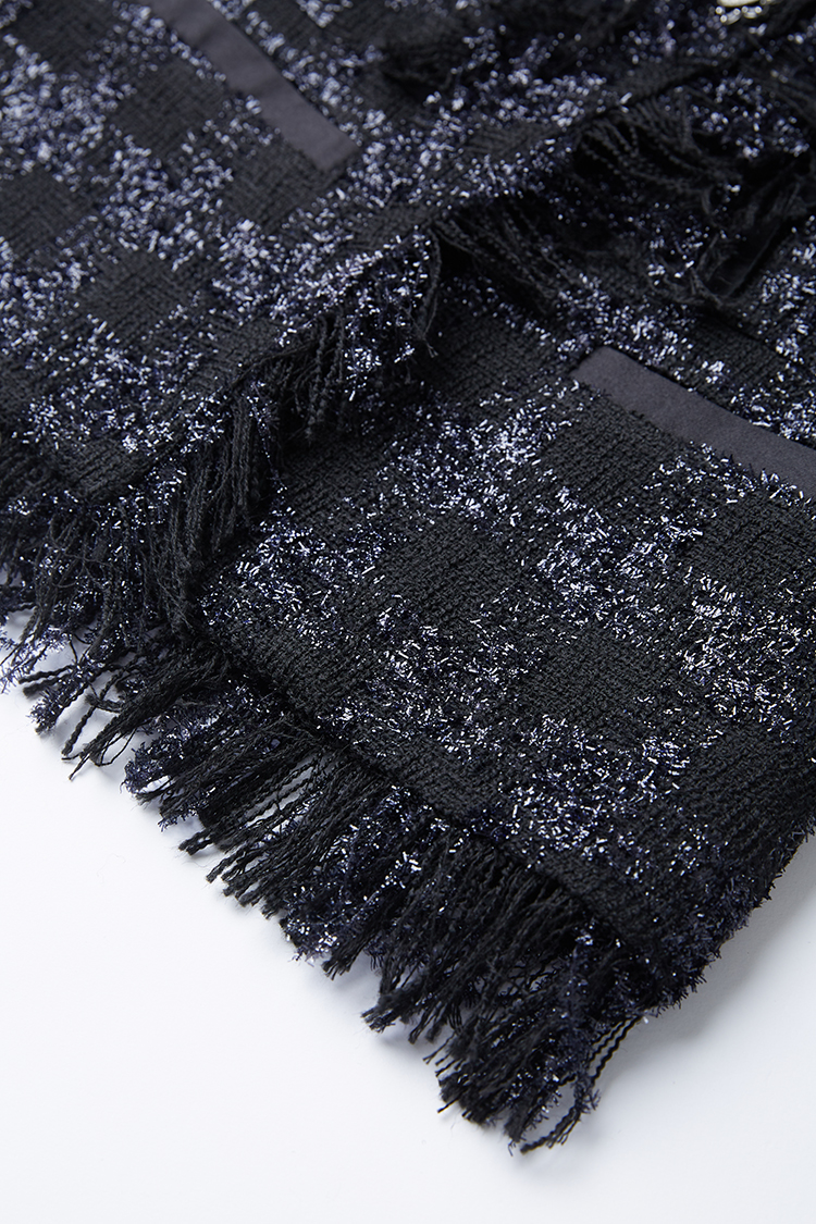 adoritz/阿朵丽兹 黑色藏青色暗格纹名媛气质短外套粗花呢流苏上衣