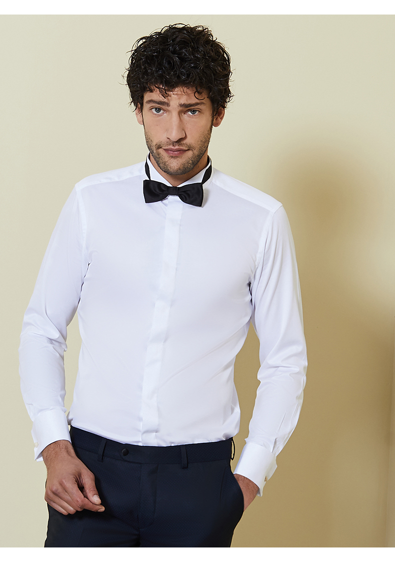 季可穿白色纯棉商务新郎宴会聚会约会婚礼 正装礼服翼领男士长袖衬衫