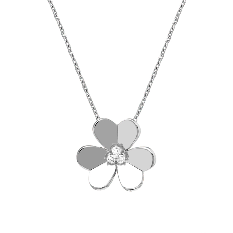 & arpels/梵克雅宝 经典frivole系列 大号18k金白金三瓣花朵镶钻项链