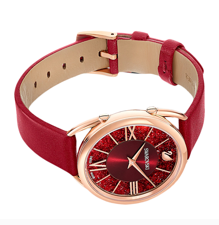 女士红色亮丽耀眼镀玫瑰金色pvd不锈钢表盘真皮表带手表腕表女表