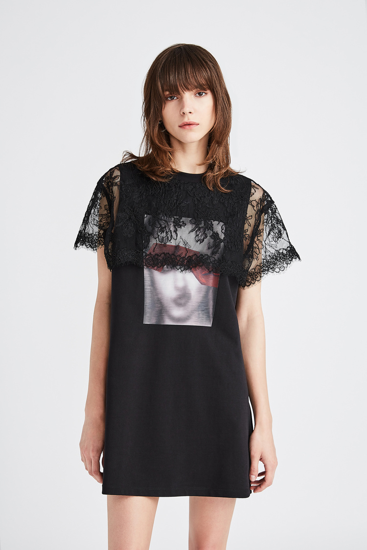 dazzle/dazzle 地素夏新款假两件蕾丝拼接休闲t恤裙连衣裙 裙装 女士