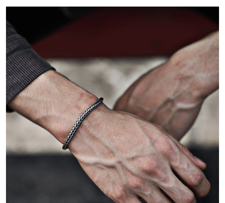 纯银平安纹编织狐尾手链男潮简约复古手环小众设计麻绳手饰品男士