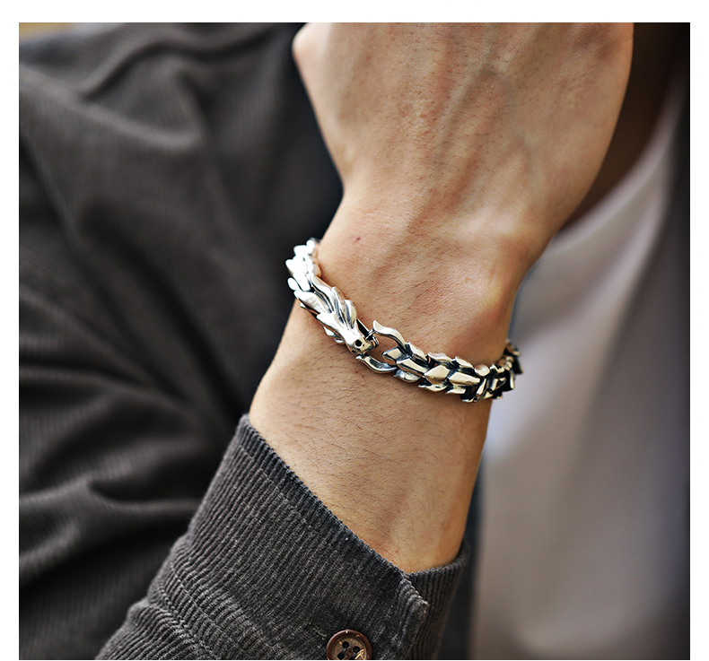 米大 纯银龙骨手链男 霸气个性复古手工银手环潮人学生刻字男士手饰品