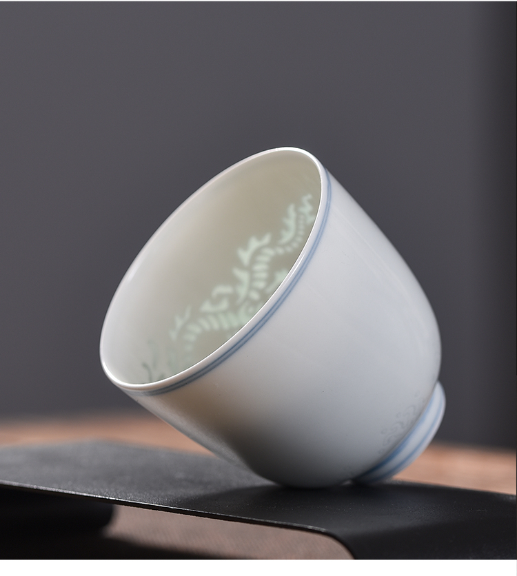 fuyu/富玉陶瓷 景德镇高温茶具 青花玲珑暗刻海水纹龙凤对杯 商务礼品