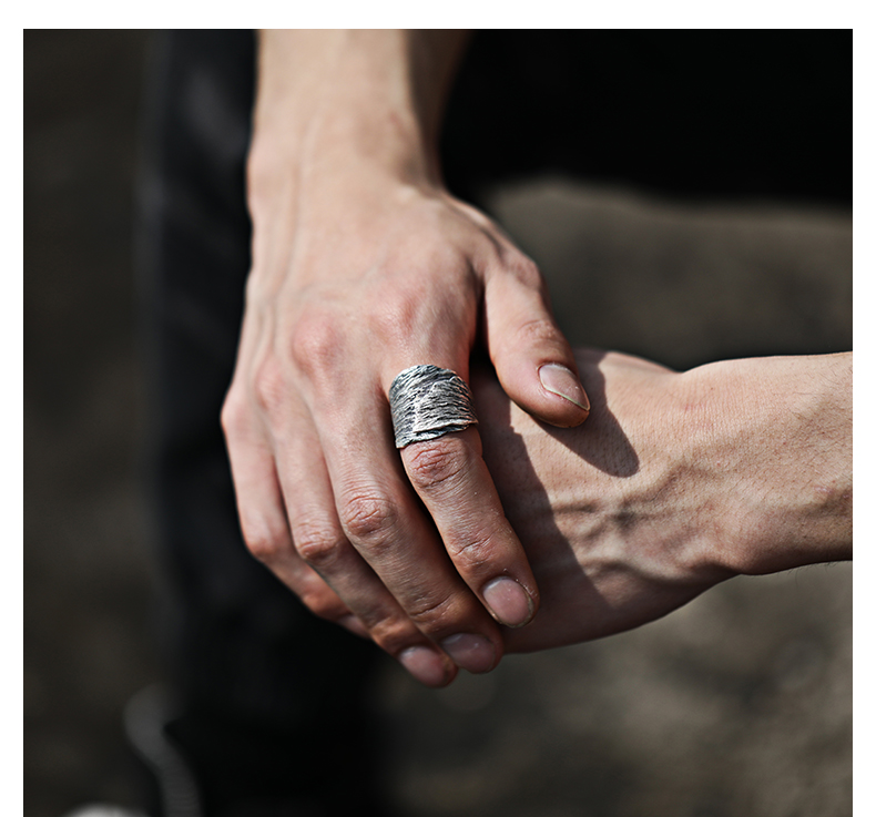 colimida/口力米大 原创小众设计树皮纹戒指男士纯银简约宽指环开口