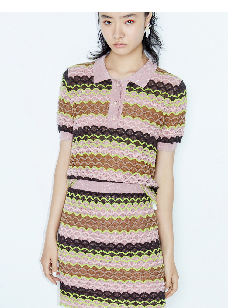 dzzit/dzzit地素20夏新款金葱波浪条纹针织女士短polo 女士polo