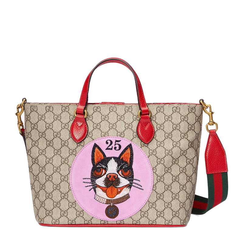gucci/古驰 女士帆布刺绣狗狗tote手提包单肩包 t473887 9iklt 8245