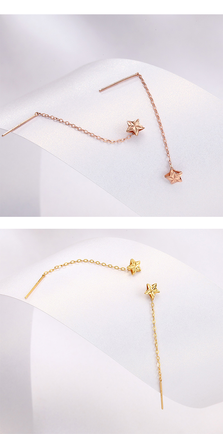老庙黄金长款耳线女18k金星星玫瑰色耳饰女网红礼物气质彩金耳环