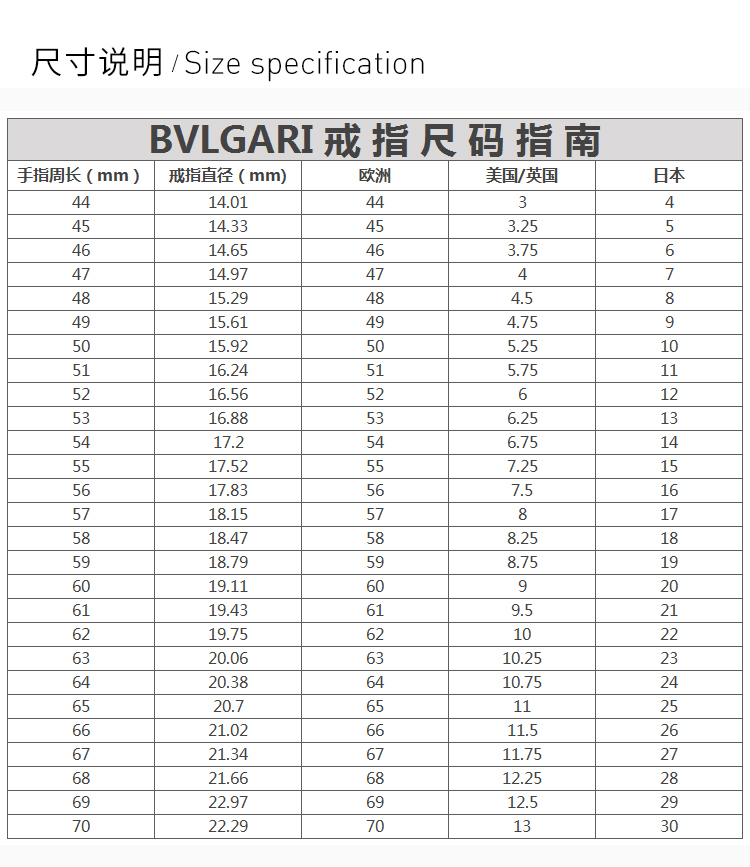 宝格丽戒指尺寸女士图片