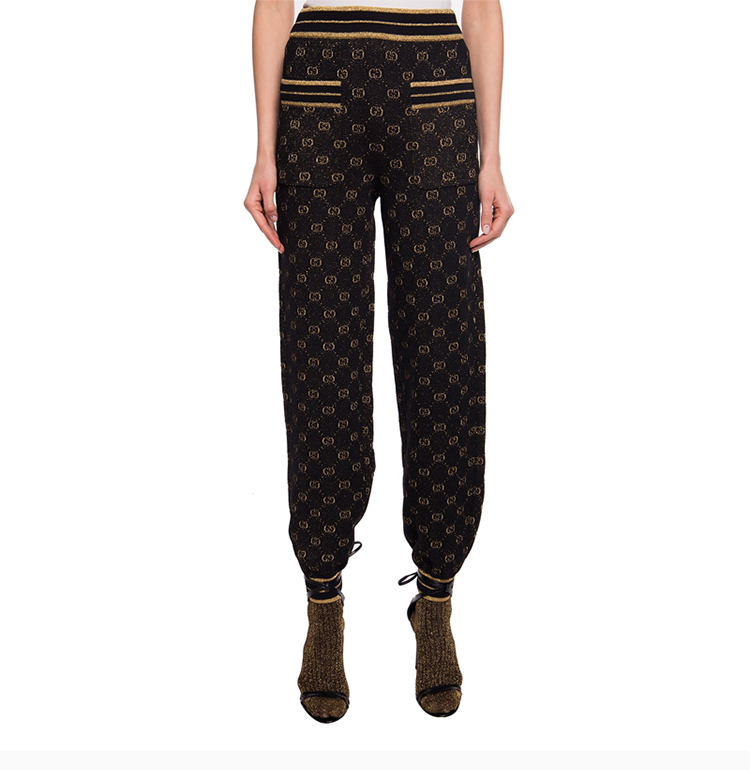 【包税】gucci 古驰 女装 服装 黑色羊毛印花徽标时尚长裤 女士运动裤