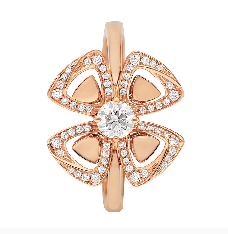 bvlgari/宝格丽 咏绽系列 女士玫瑰金色18k金镶钻四叶草戒指 an858708
