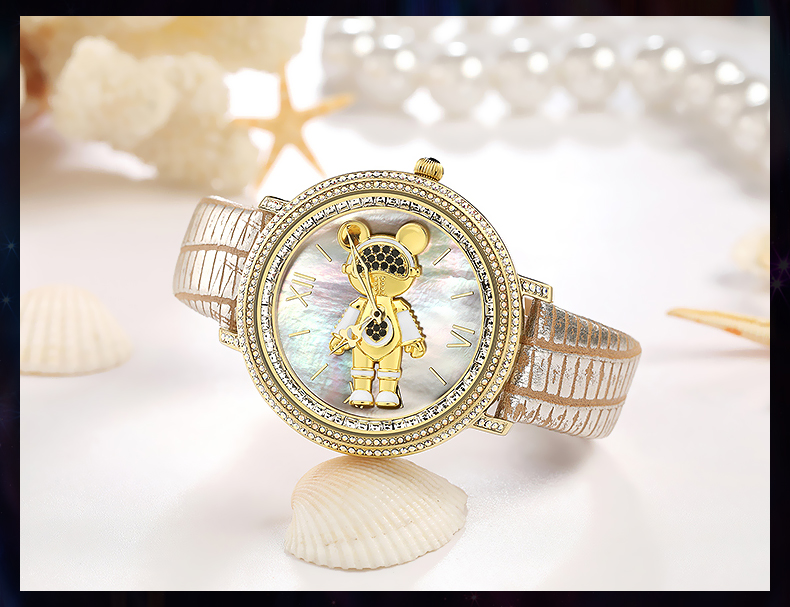 星际熊2020新款手表水钻奢华时尚女士手表舒适真皮表带学生情侣表