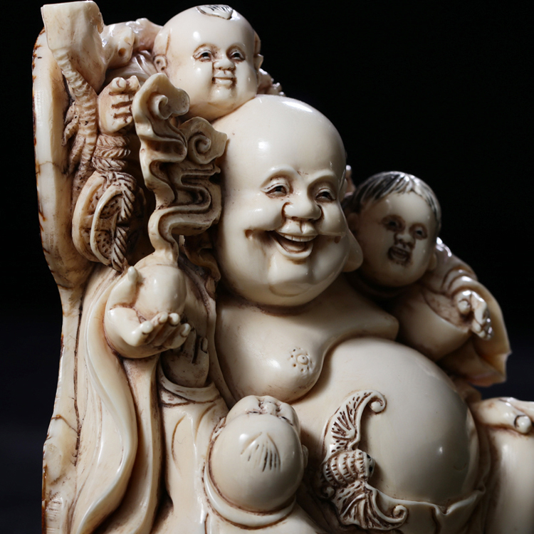 ningcui/凝萃 日本回流猛犸象牙手工雕刻童子戏弥勒收藏摆件家居摆设
