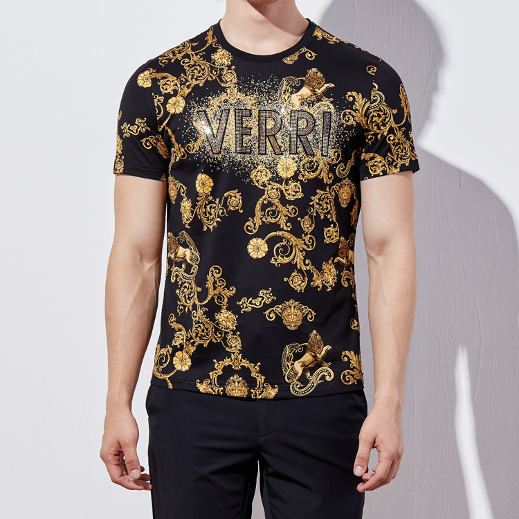 verri【20春夏】黑金休闲印花短袖t恤 狮子卷草纹图案 男士短袖t恤