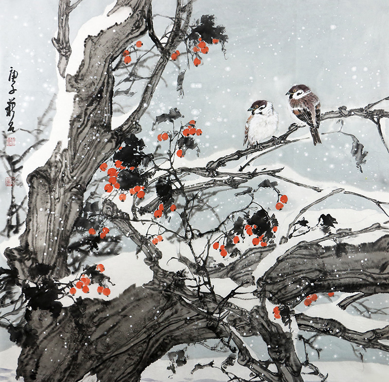 中国美术家协会会陈薪名冰雪花鸟国画《赏雪图》68x68cm//传统水墨