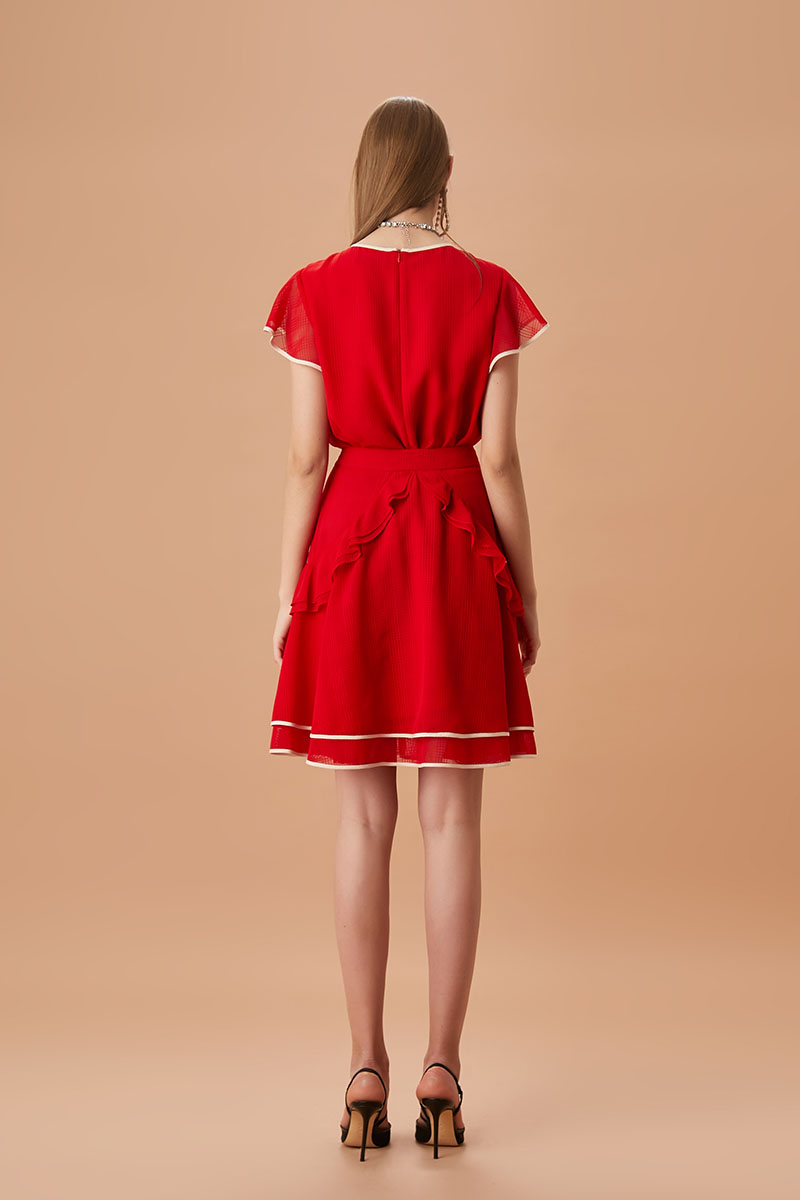 大红欧根纱荷叶边半裙 红色 女士半身裙