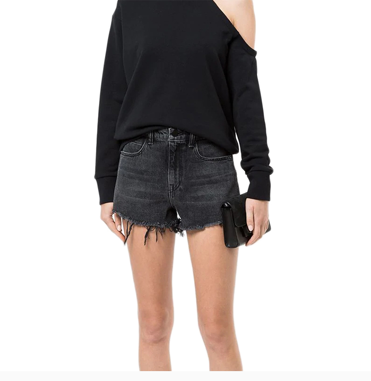 wang/亚历山大·王 女装 服装 蓝色棉质毛边高腰剪裁时尚 女士短裤