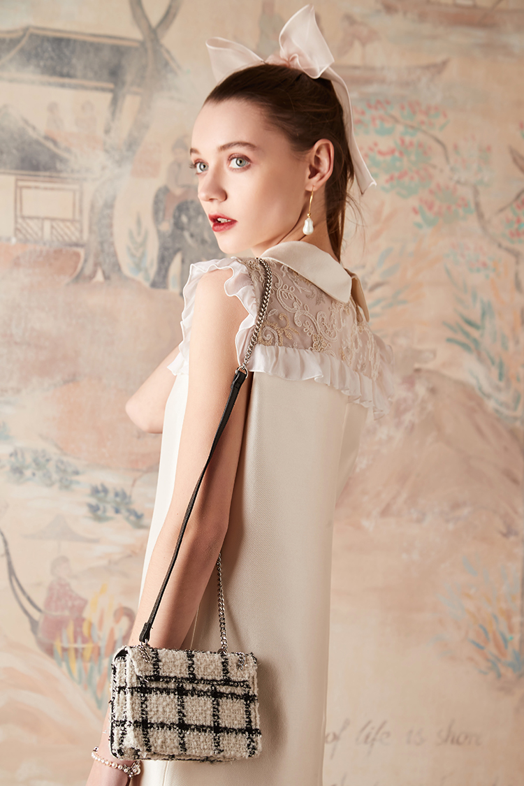 adoritz/阿朵丽兹 米白真丝羊毛拼接唯美蕾丝直身直筒连衣裙显瘦华贵