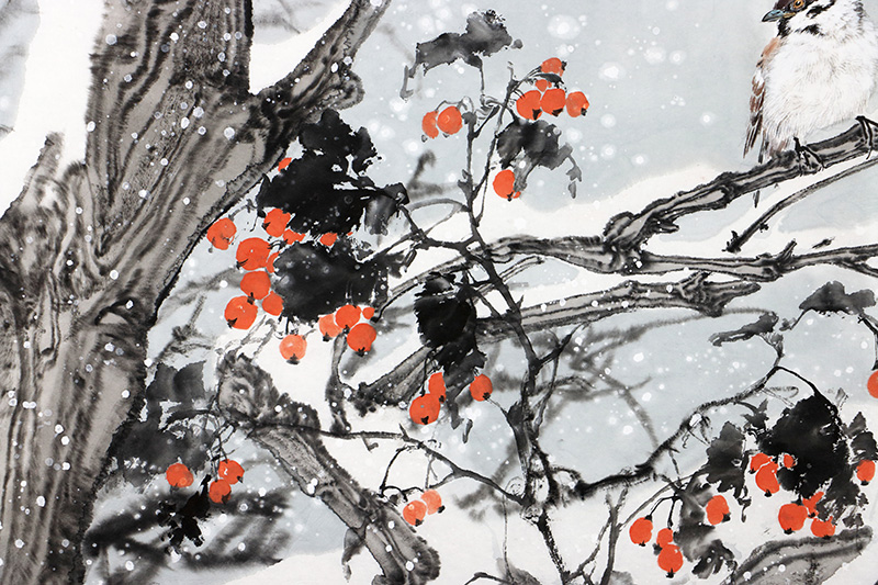 中国美术家协会会陈薪名冰雪花鸟国画《赏雪图》68x68cm//传统水墨