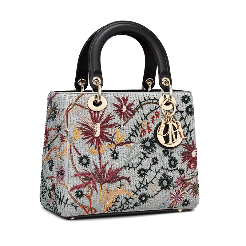 2020春夏新款 lady dior系列 灰色小牛皮拼接彩色花卉刺绣中号手提包
