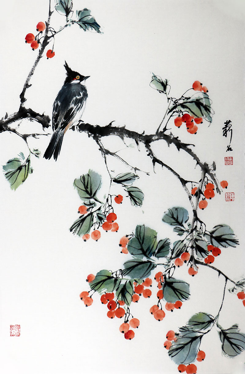 中國美協會員陳薪名 國畫花鳥《紅果圖》/45x68cm/傳統水墨