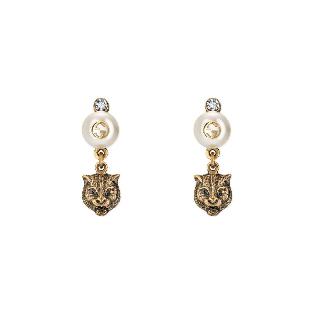 gucci 20春夏女士饰珍珠和虎头耳环 434727 i7358 8062【正品 价格