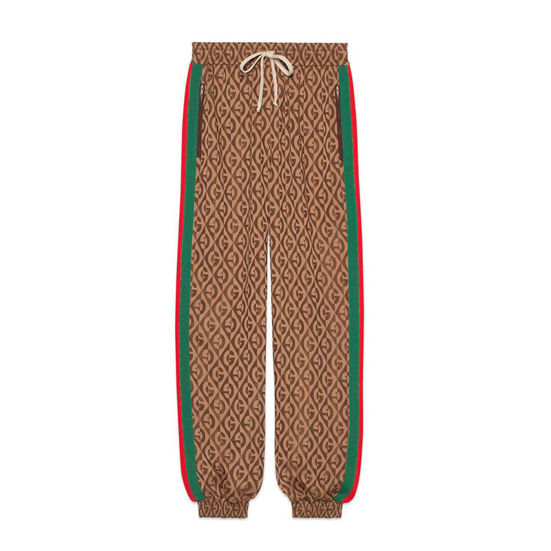 gucci/古驰 古琦女裤 红绿条纹 印花女士咖啡色粘胶休闲运动裤 596001