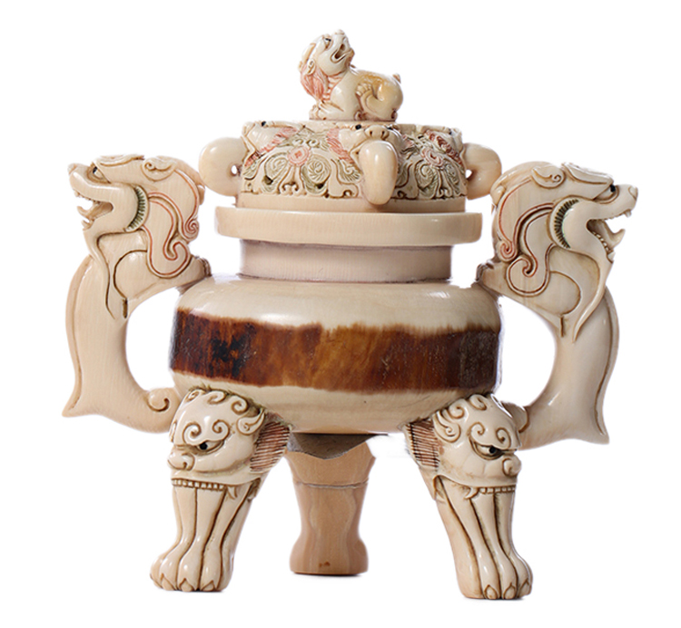 ningcui/凝萃 回流猛犸象牙手工雕刻三足香炉家居摆件手把件把玩件256